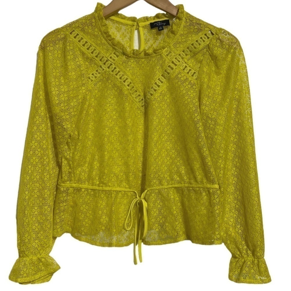 MILK & HONEY Chartreuse Yellow Lace Embroidered Long Sleeve Top, Size Small-#345